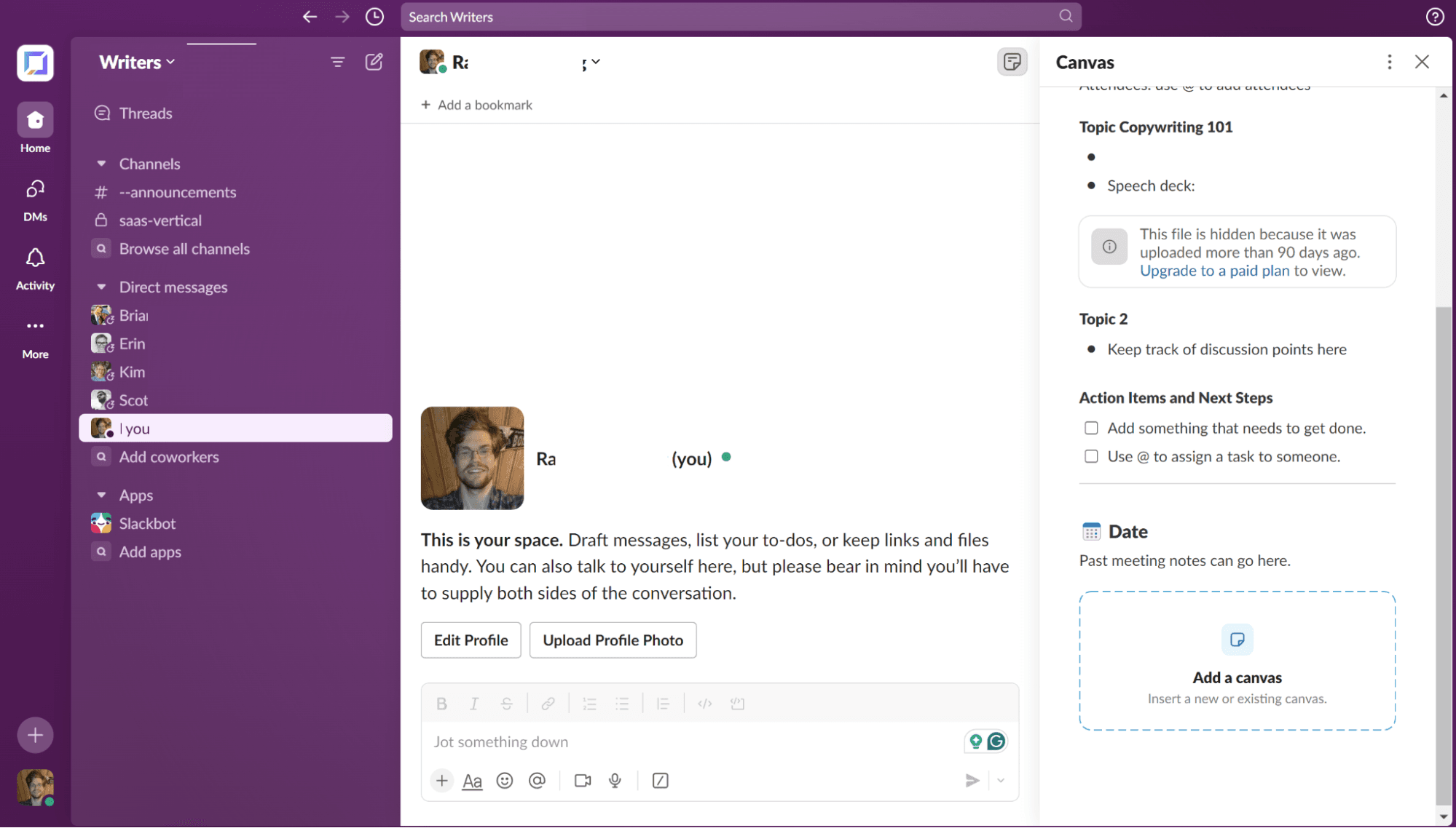 Screenshot of Canvas in a Slack conversation