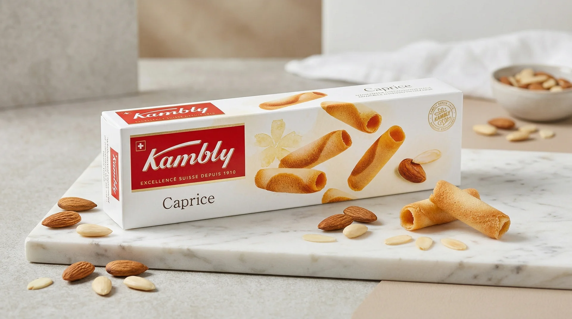 KI-Produktfotografie: Kambly Caprice Schweizer Guetzli mit Mandeln – AI-generiertes Lebensmittel-Werbevisual