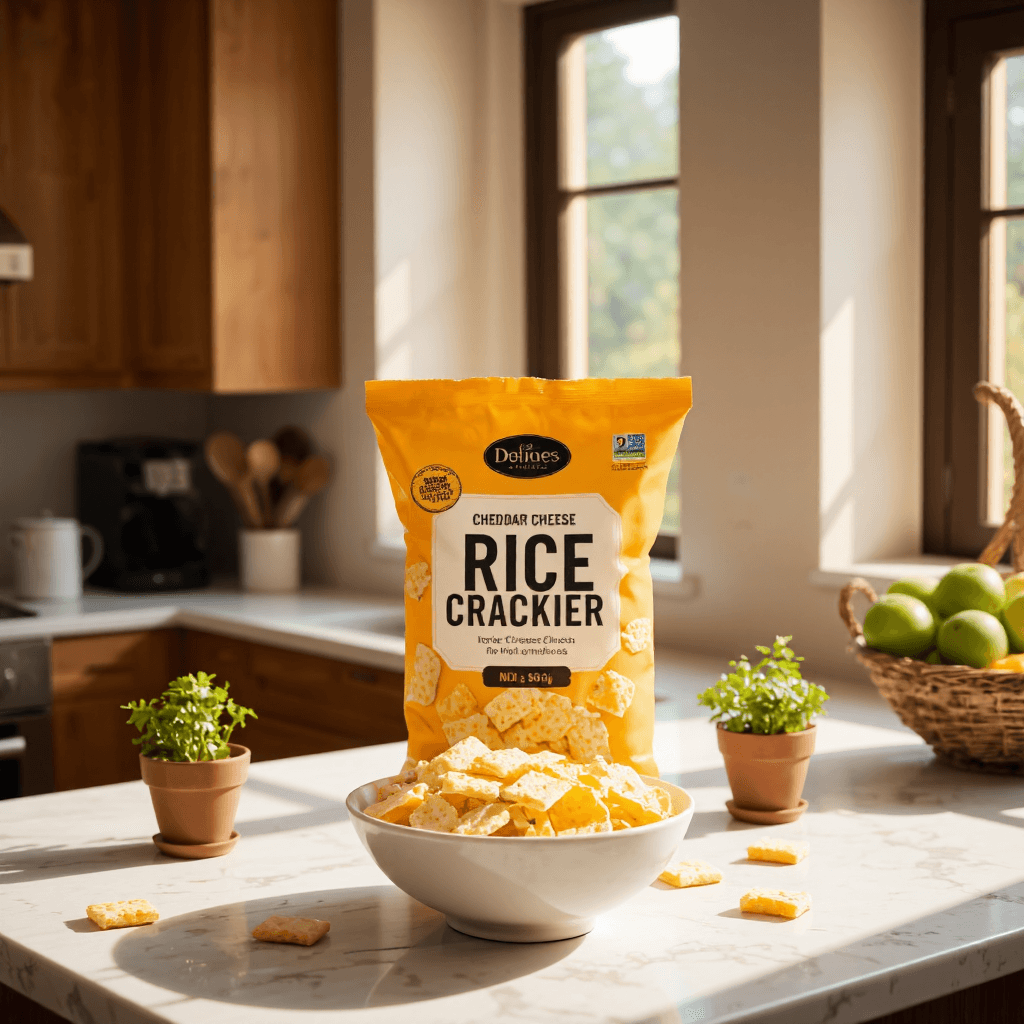 product photography of a bag of cheddar cheese flavored rice cracker