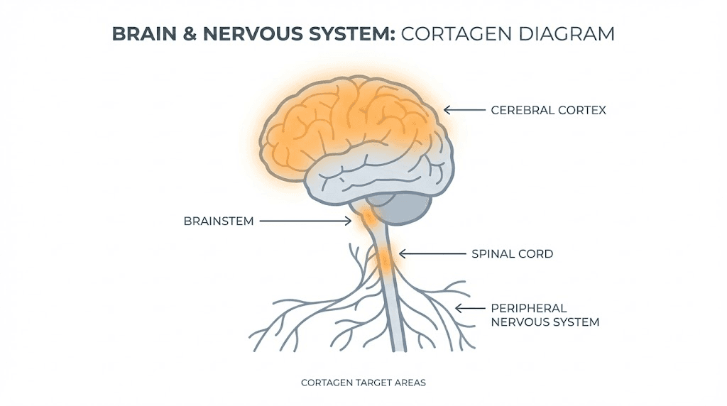 Cortagen peptide target areas in brain and central nervous system