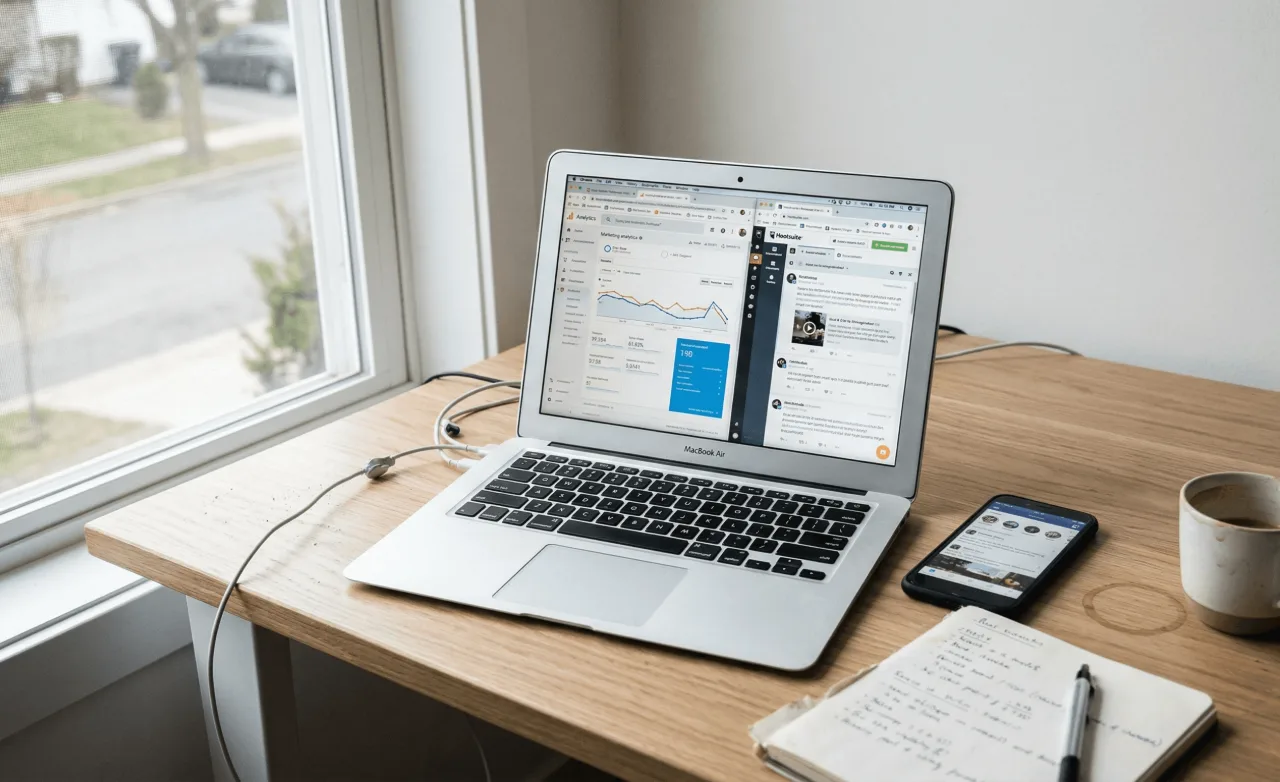 A laptop computer sitting on top of a wooden desk