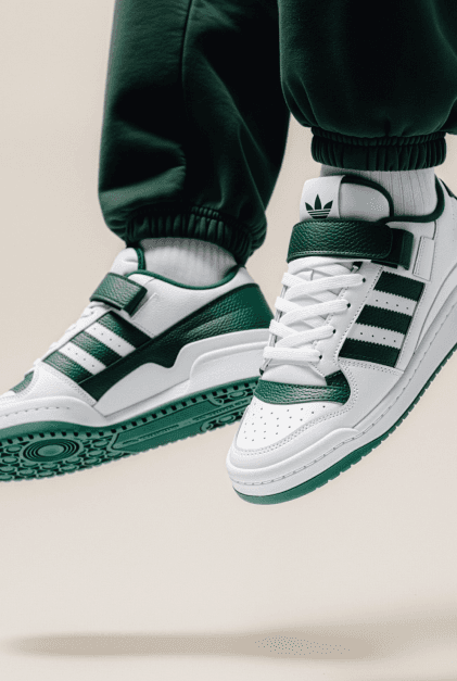 Persona joven de pie posando con unos tenis Adidas blancos frente a un fondo neutro, mostrando el calzado de perfil.