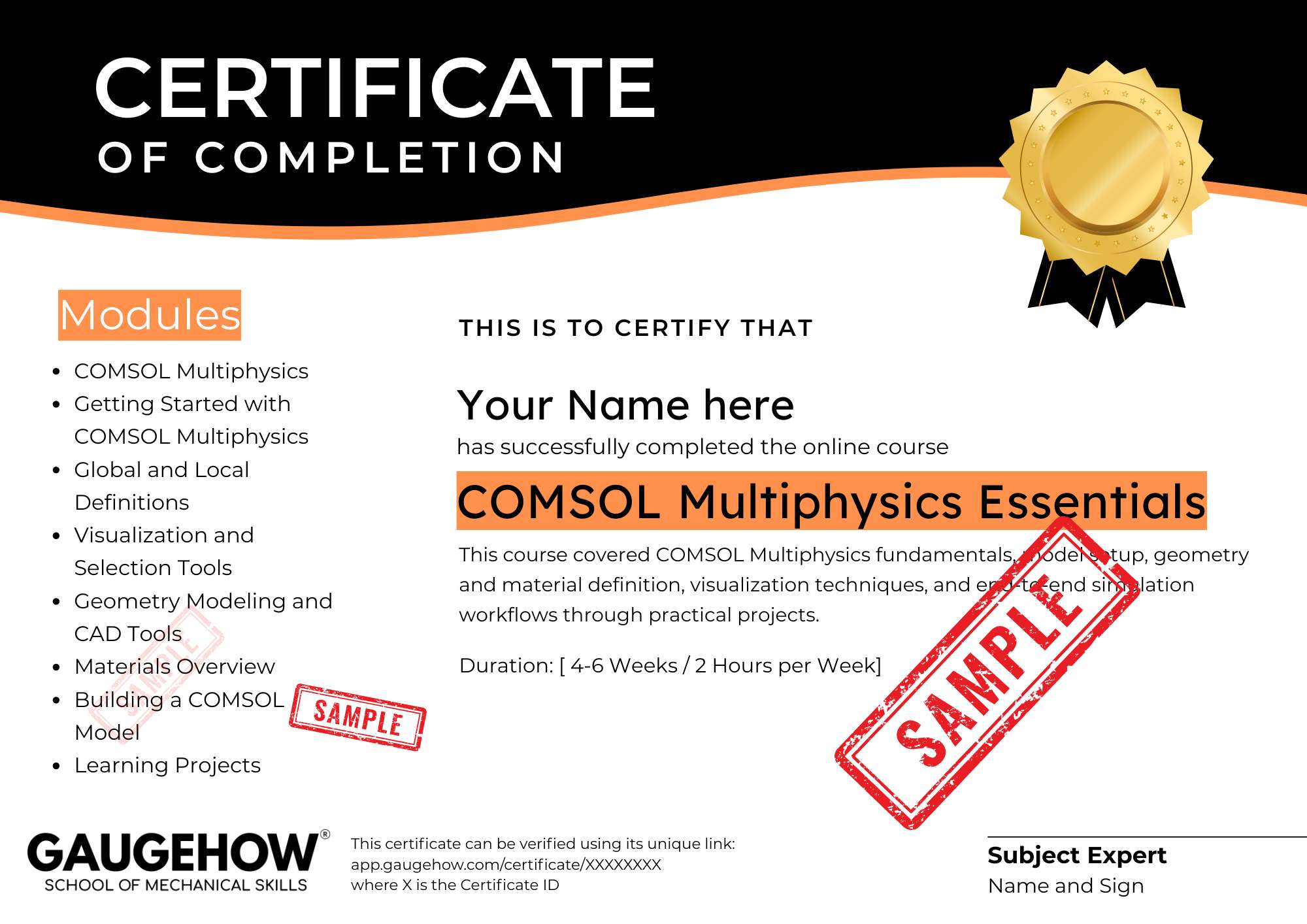 comsol multiphysics course certificate