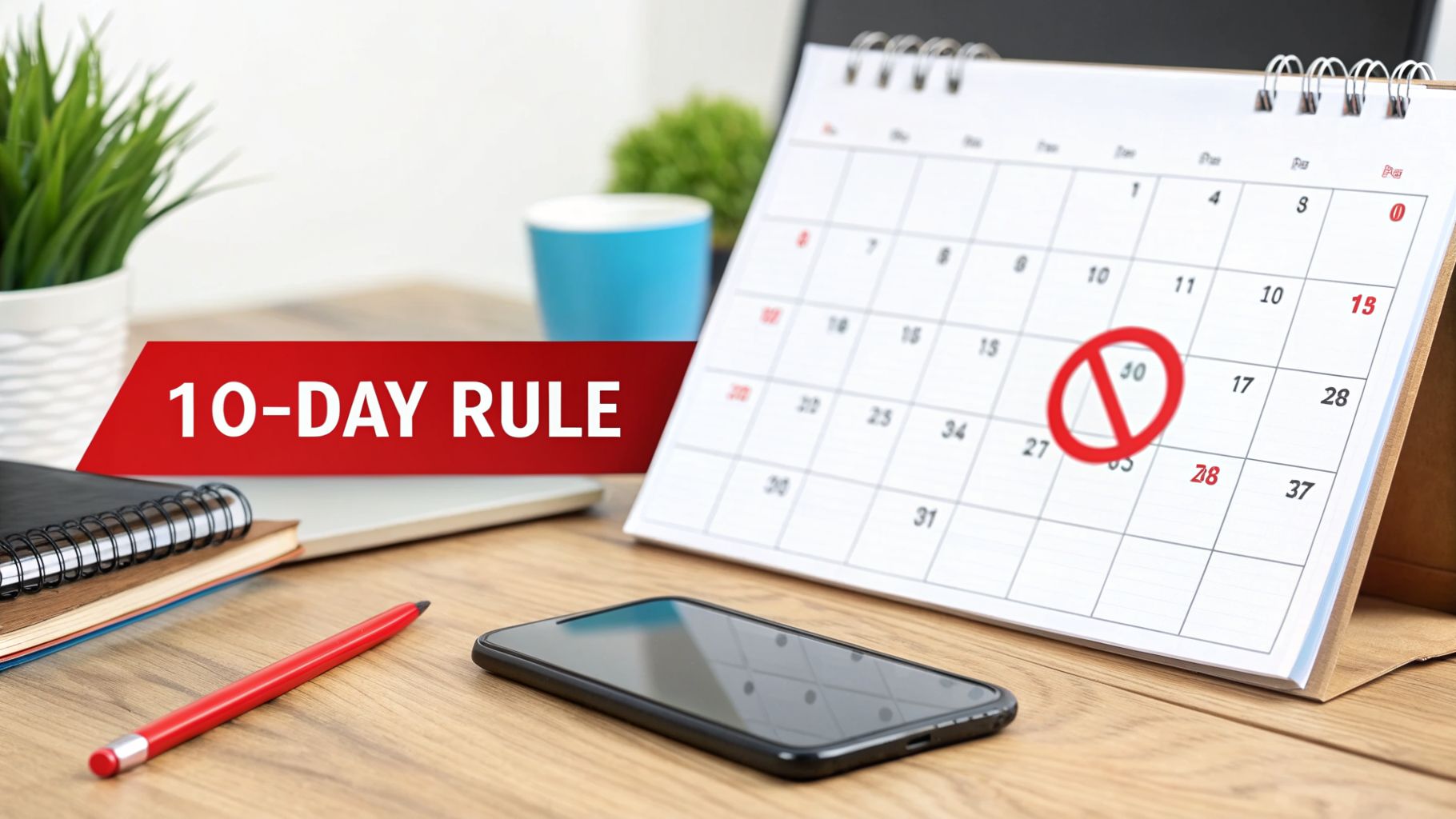 A desk with a calendar showing a circled '10', a '10-DAY RULE' banner, smartphone, and pen.