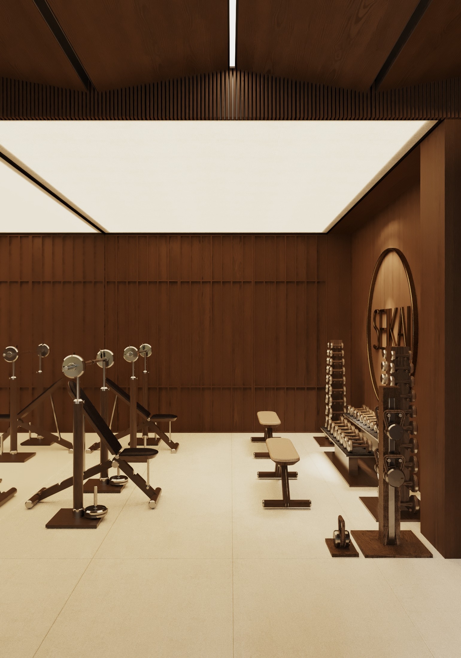 Modern gym interior with wood paneling, weight benches, and dumbbell racks.