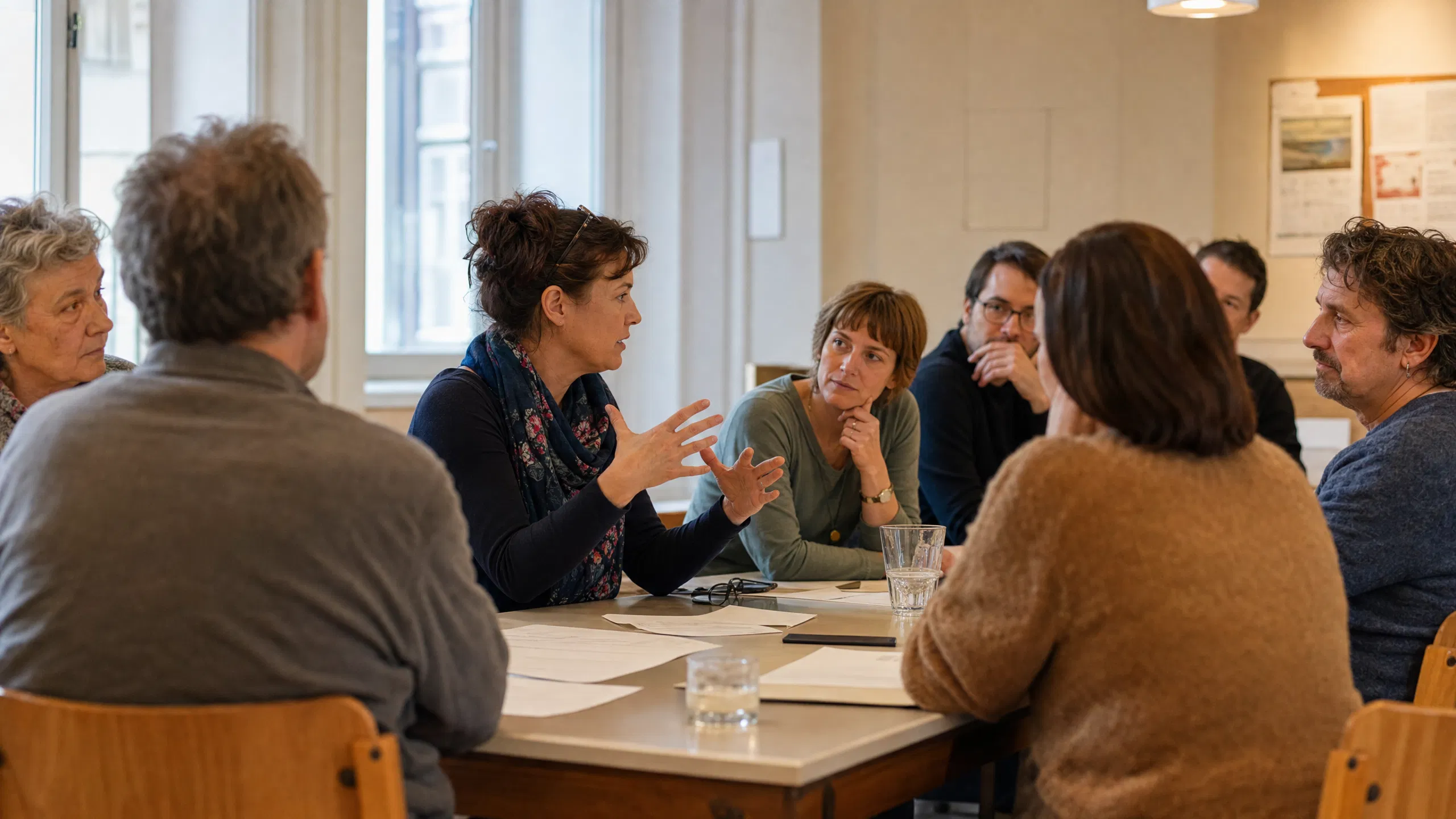 Mehrere Wohnungseigentümer unterschiedlichen Alters sitzen gemeinsam an einem Tisch in einem hellen Besprechungsraum eines österreichischen Altbaus und diskutieren lebhaft – eine Frau in der Mitte spricht gestikulierend, die anderen hören aufmerksam zu.