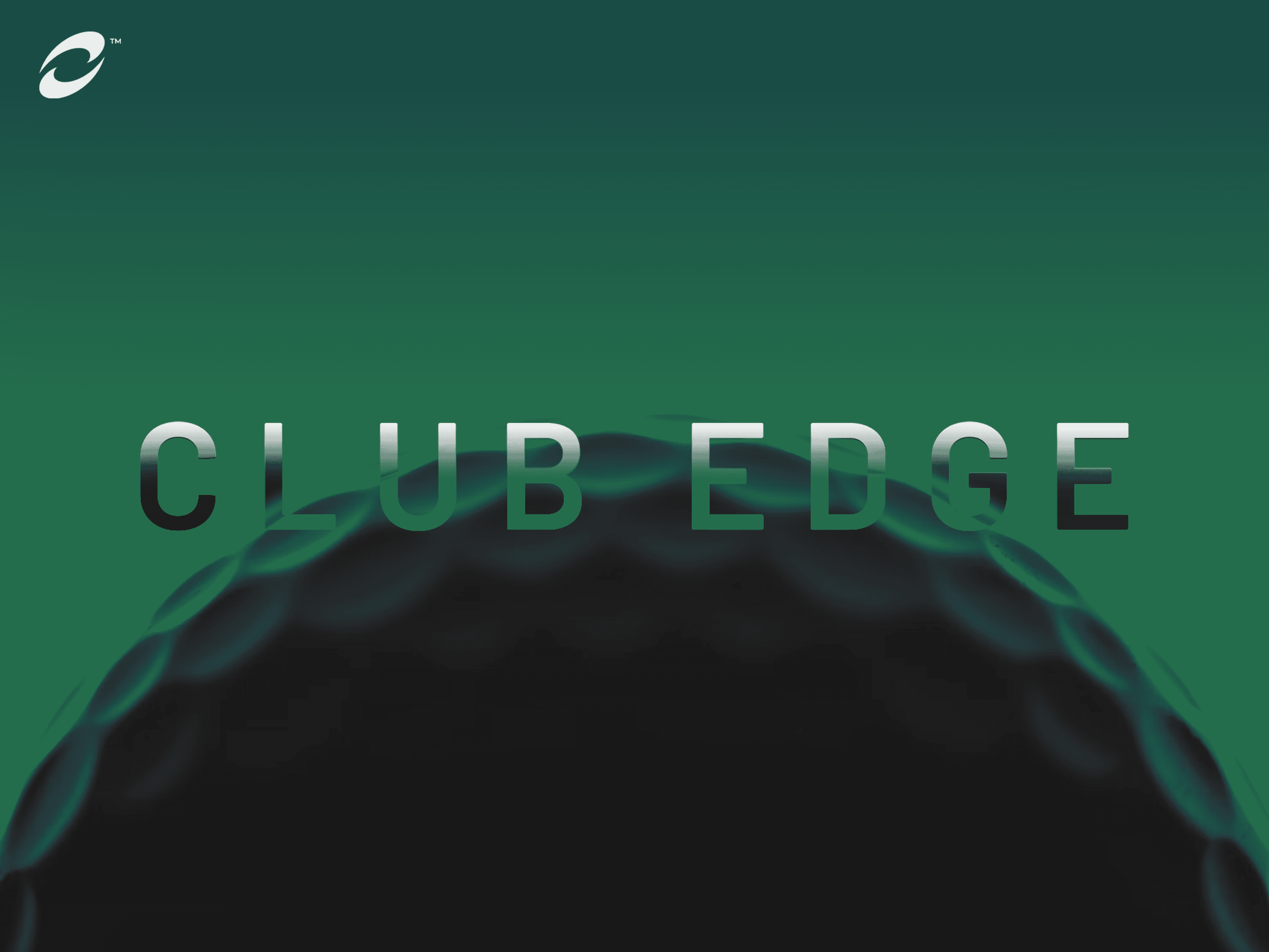 Graphic design with the text "CLUB EDGE" over a green gradient background and the outline of a golf ball.