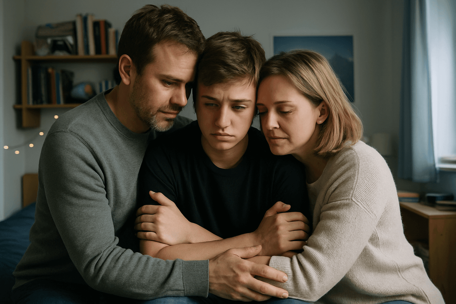 A caring Caucasian mother and father embrace their sad teenage son, offering comfort and support in a heartfelt family moment.
