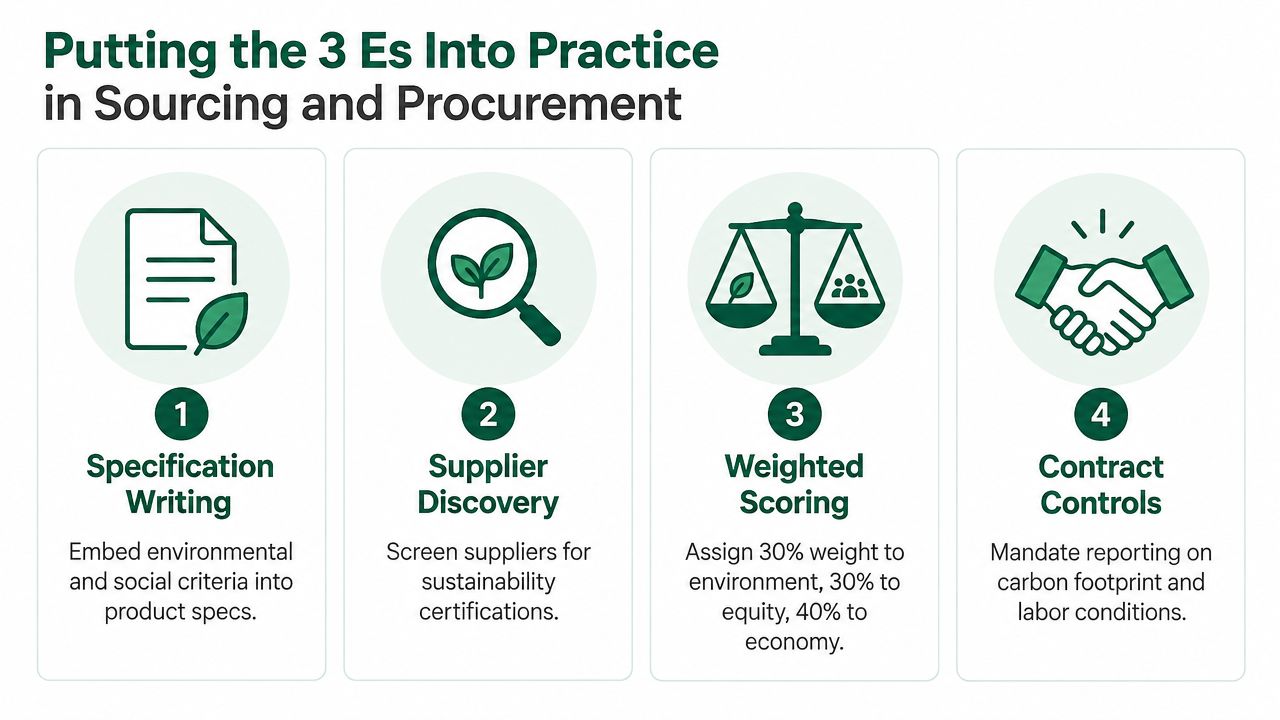 A four-step infographic illustrating how to implement environmental, social, and economic sustainability in procurement processes.
