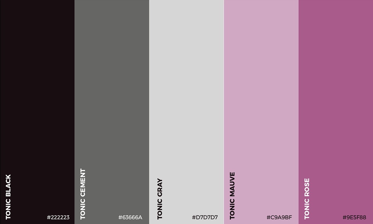 Tonic Method brand color palette featuring black, gray, mauve, and rose tones