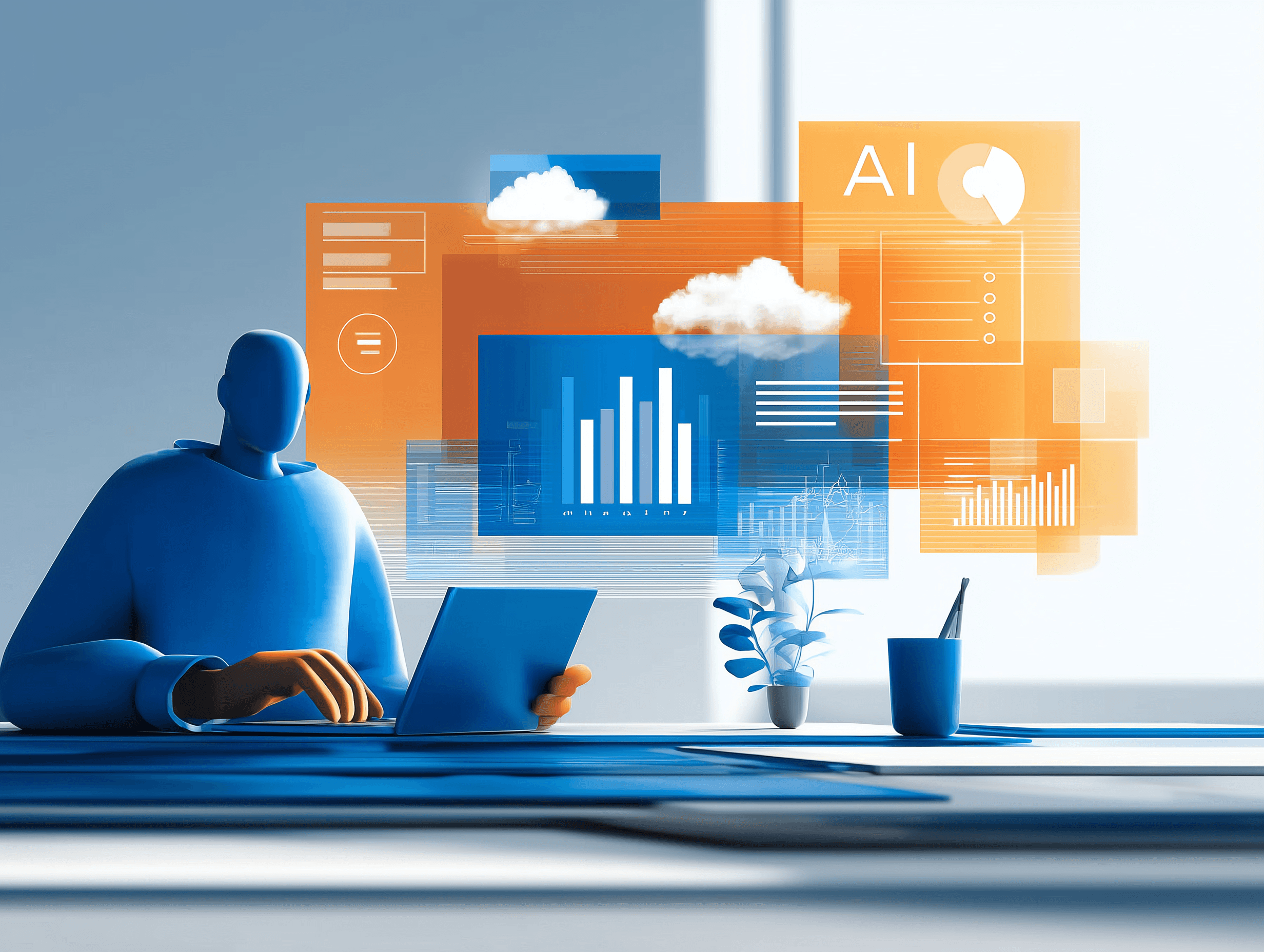 AI-powered SaaS dashboard with analytics charts, cloud data, and user working on a laptop.