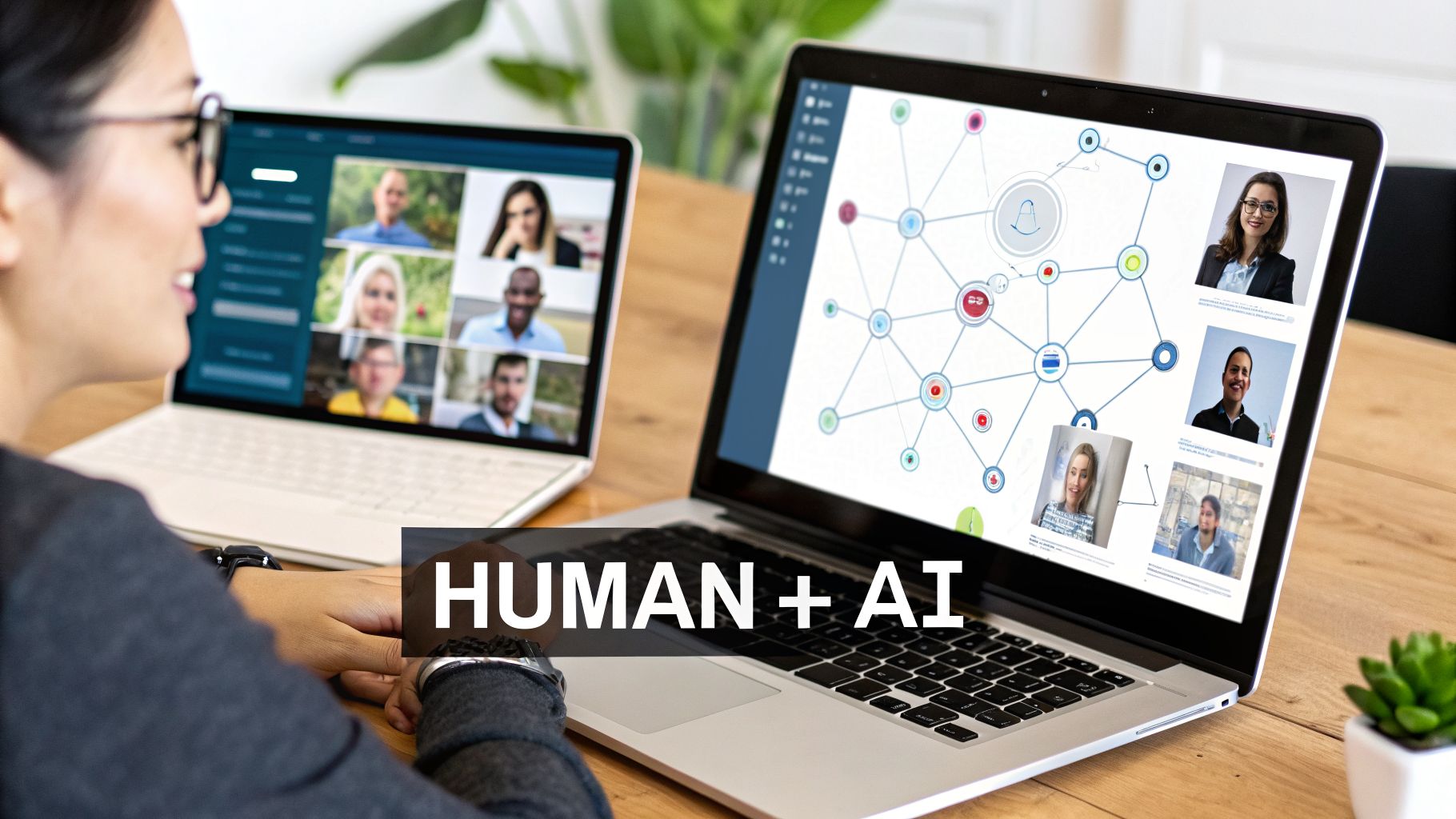 Woman using two laptops for remote work, displaying video conference and AI network.