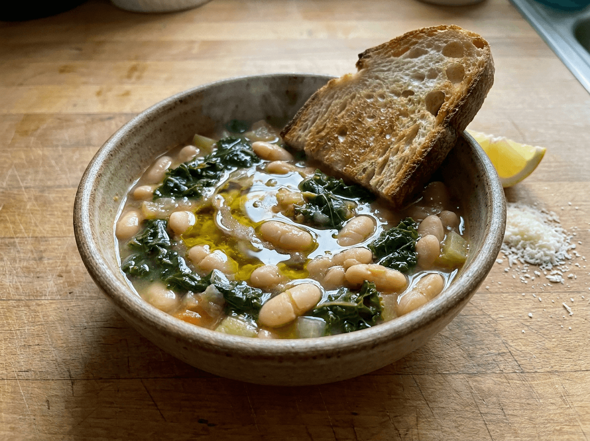 White bean and kale soup with crusty bread, easy low calorie meals