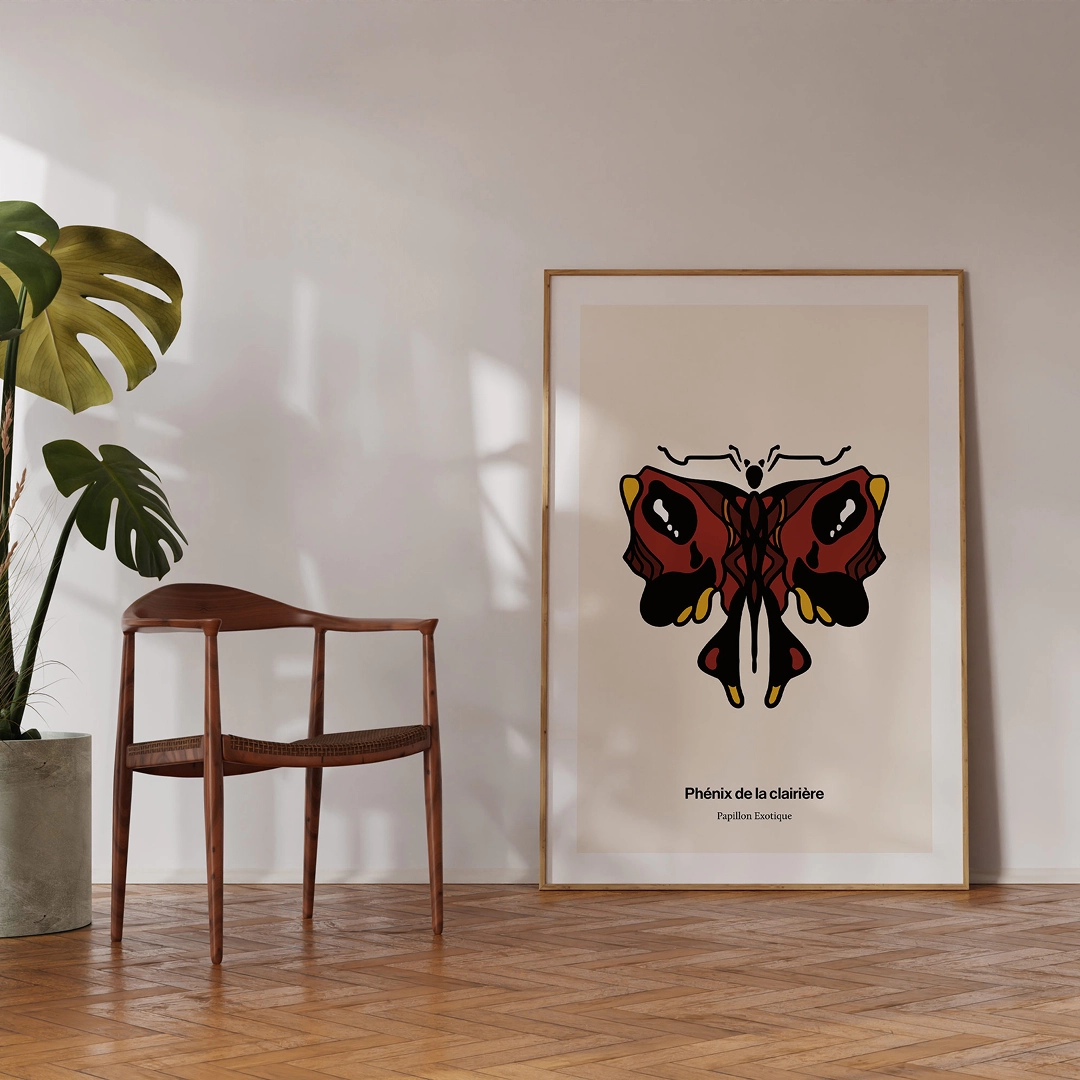 Large art print of a red butterfly in a mid-centry modern room.