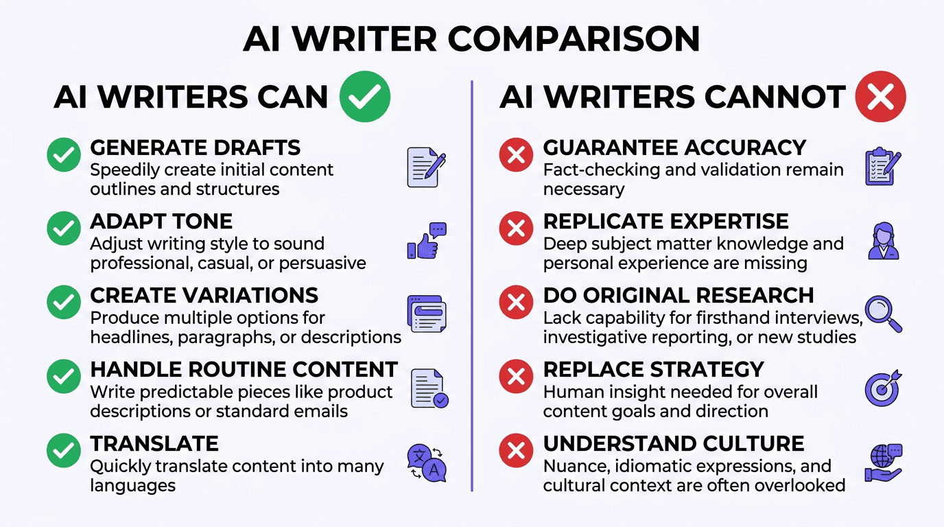 Comparison infographic showing what AI writers can and cannot do including generating drafts versus guaranteeing accuracy
