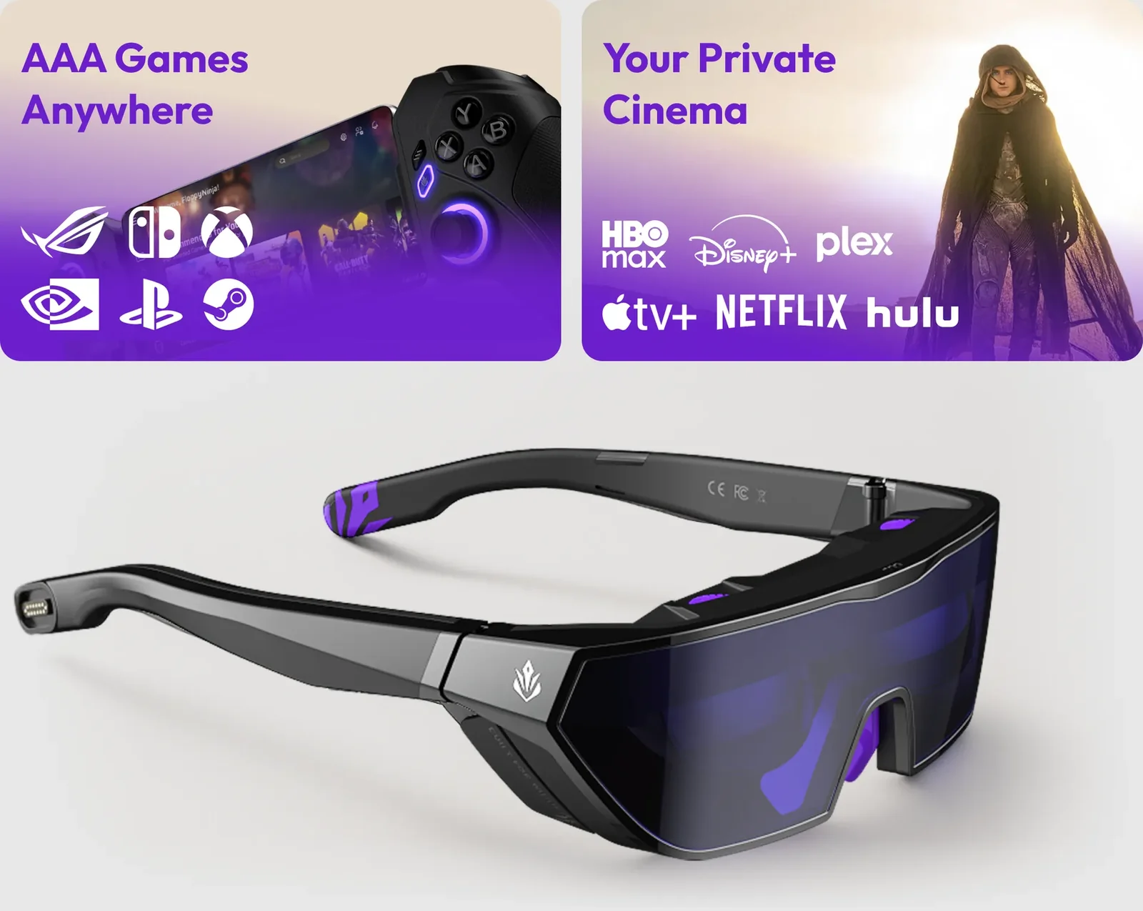 A sleek pair of high-tech virtual reality glasses is displayed, emphasizing its compatibility with streaming services and gaming platforms for an immersive entertainment experience.