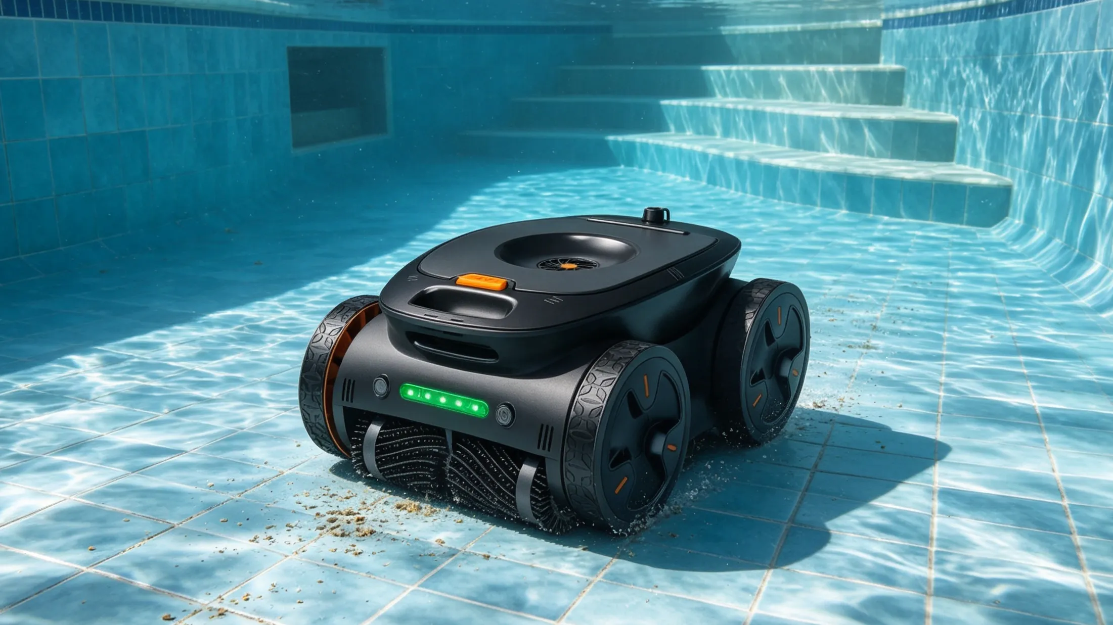 Robotic pool cleaner completing its first cleaning cycle in a prepared pool