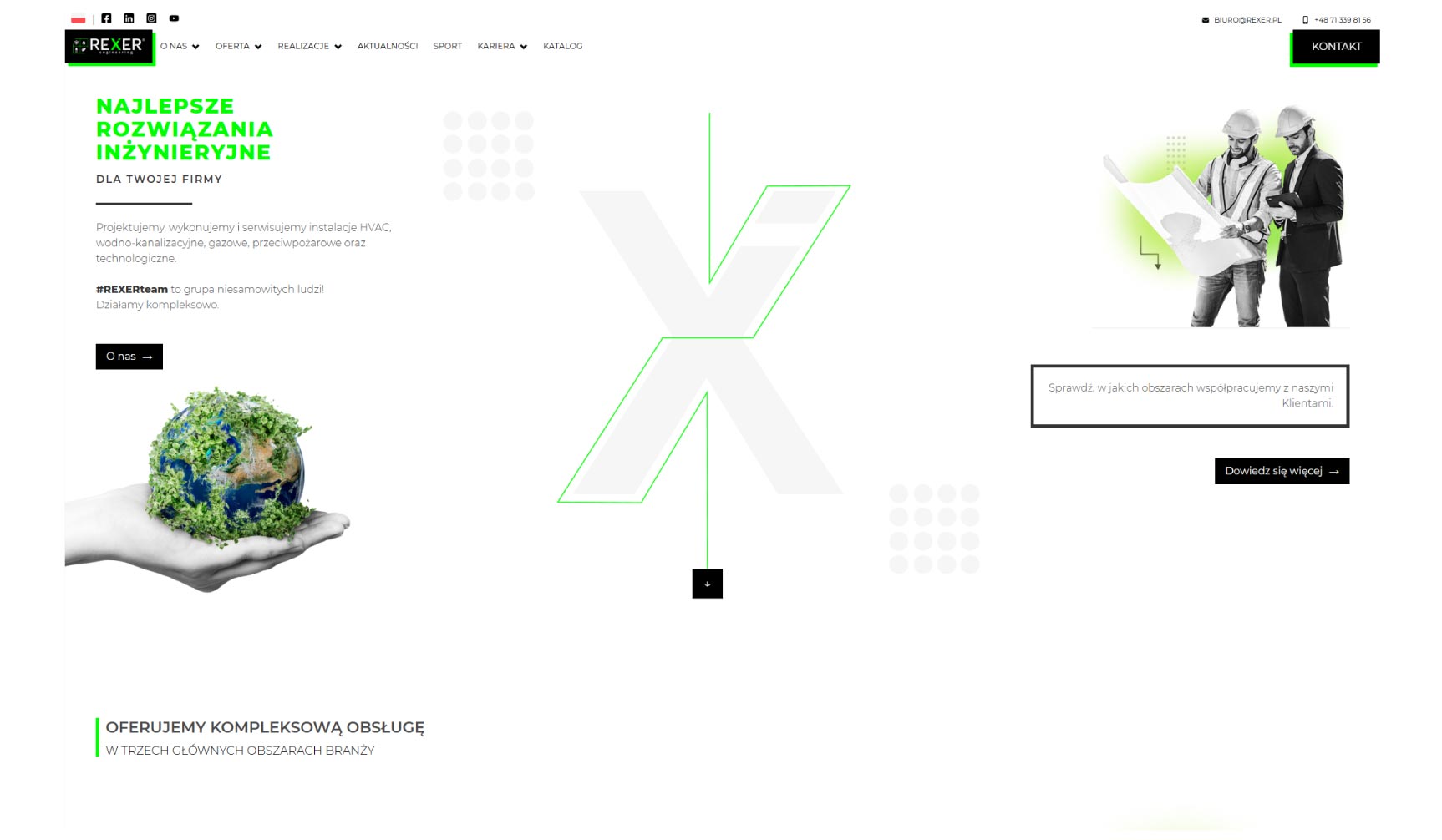 Minimalistyczny projekt strony internetowej (Clean Design) z wykorzystaniem dużej ilości światła (whitespace) i akcentów marki Rexer.