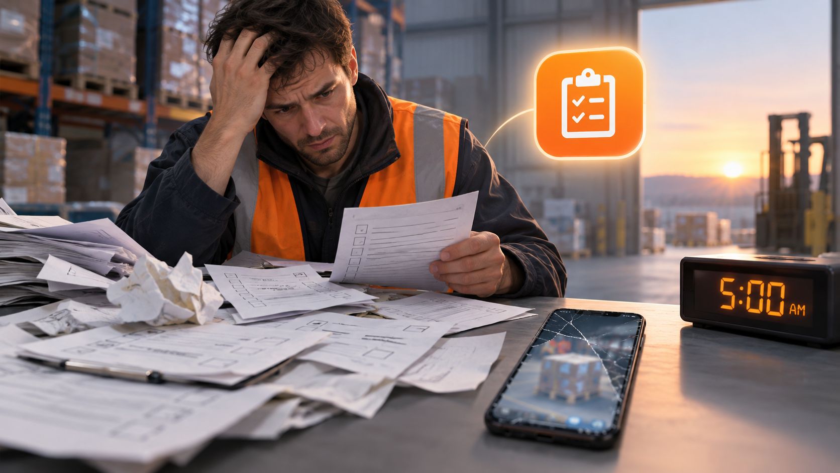A stressed warehouse worker reviewing inventory checklists at 5 AM with a smartphone on the desk.