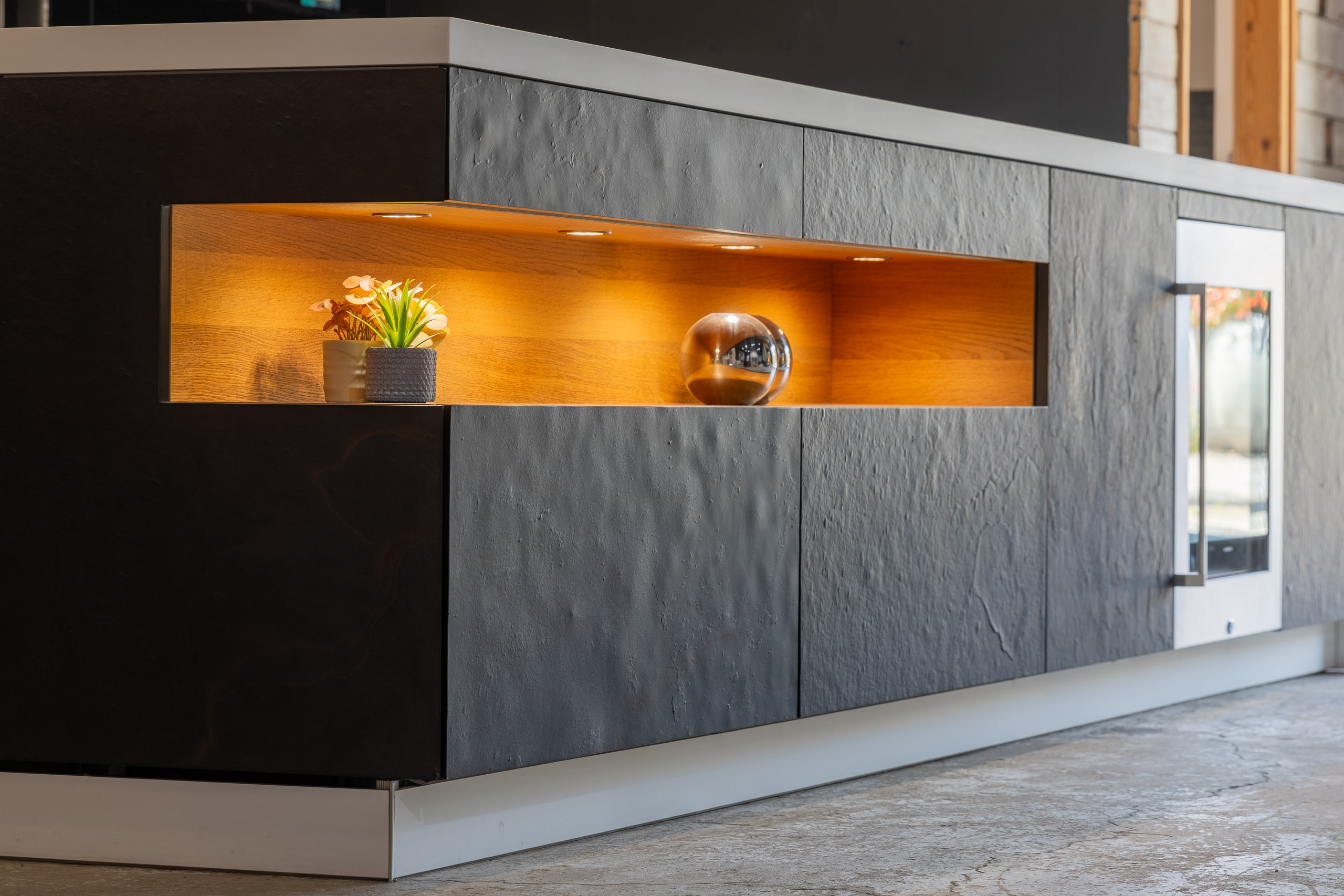 blue shaker kitchen island with curved edges