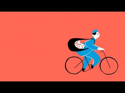 Gif en dessin 2D d'un postier roulant à vélo en envoyant son courier depuis sa sacoche.