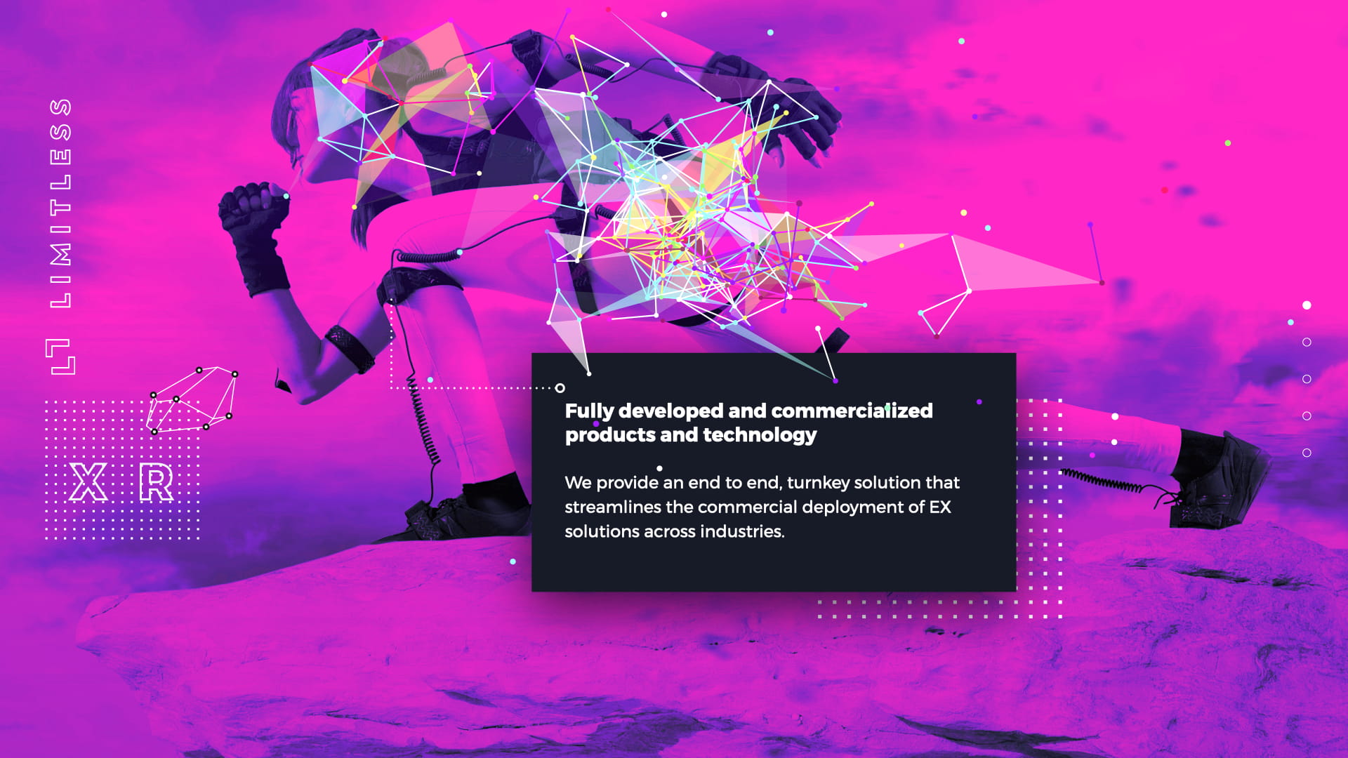 Product value proposition slide with vibrant magenta background showing person in motion capture equipment running with colorful geometric network data visualization overlay, XR logo, and dark callout box describing fully developed end-to-end turnkey commercial XR deployment solution