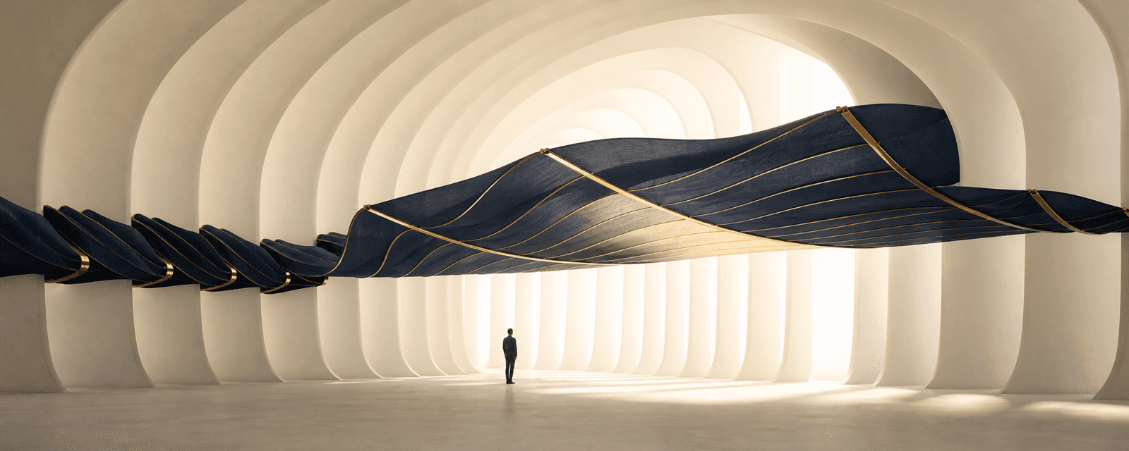 A continuous navy structure compressed by narrow ivory ribs and expanding where the architecture opens, with a lone figure below.