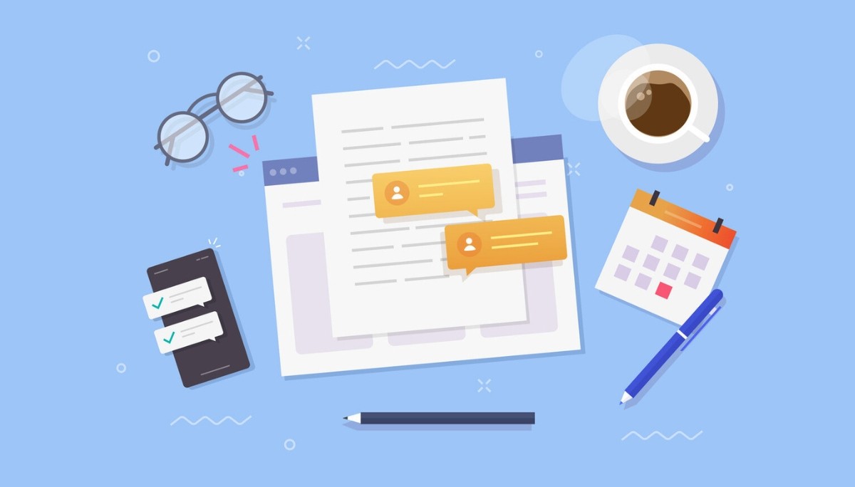 Illustration of organized workspace with checklist on smartphone, calendar, coffee, and annotated document.