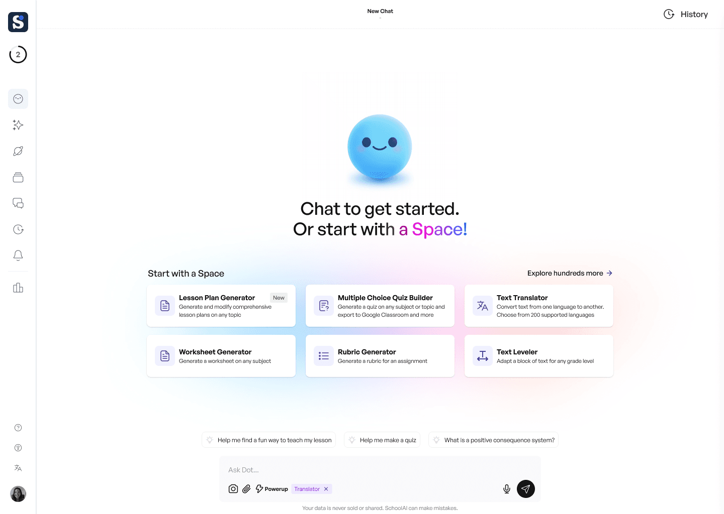 The SchoolAI "My Space" page, where users can begin a chat with Dot.