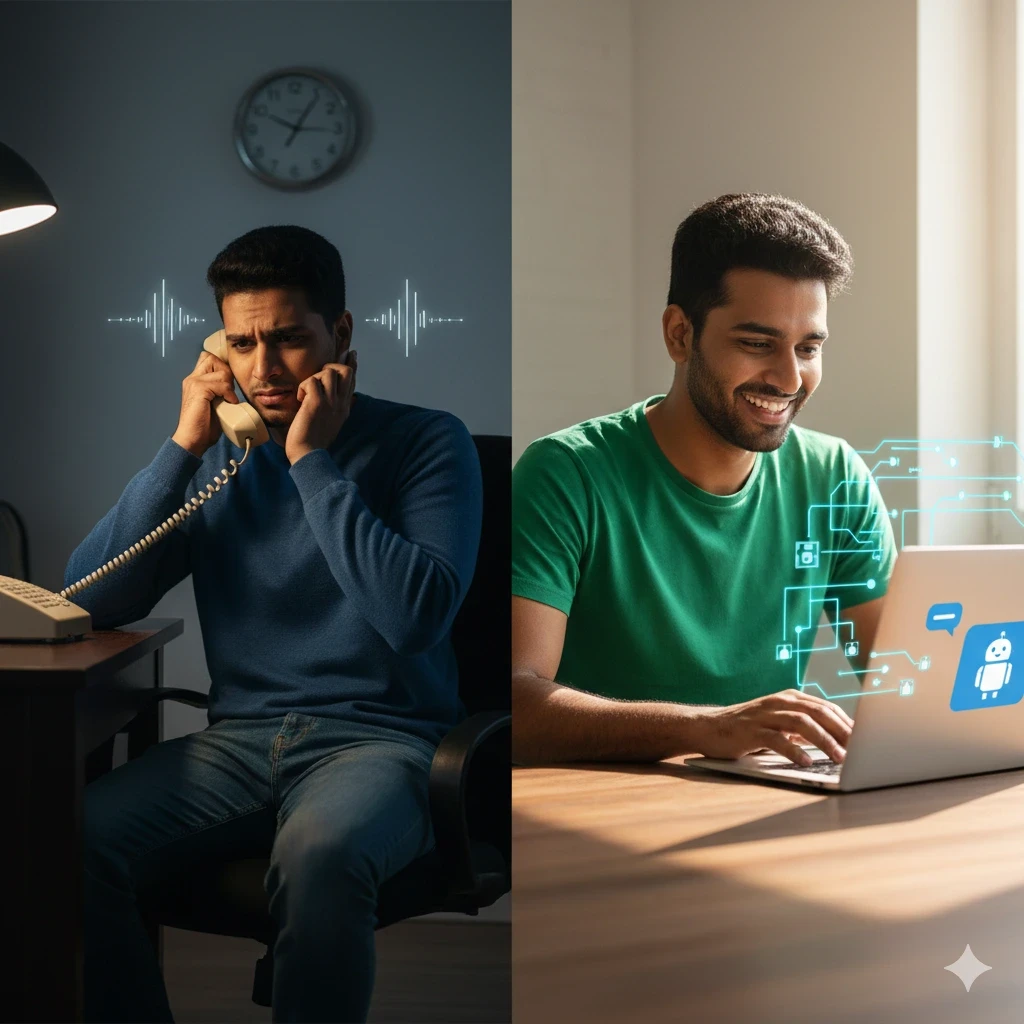Split-screen afbeelding: links een gefrustreerde man die met een oude telefoon aan het oor in de wacht staat in een donkere kamer; rechts dezelfde man ontspannen en glimlachend achter een laptop met AI-chatbot-iconen en digitale interface-elementen, in een lichte moderne omgeving