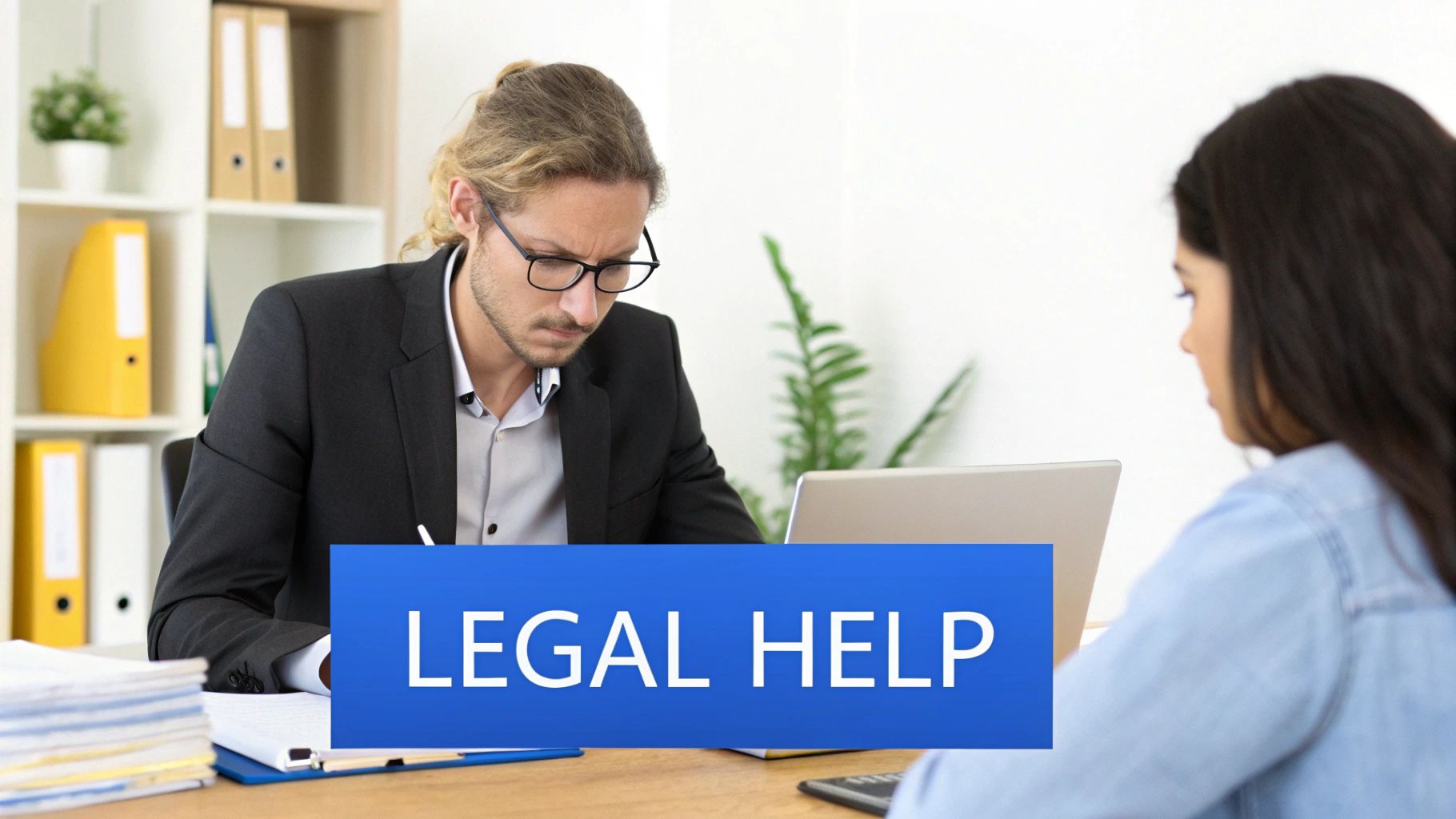 A male lawyer in glasses consults with a female client at a desk, with 