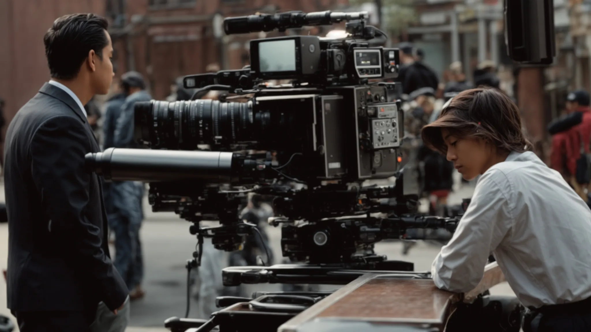 a producer overlooks a bustling film set, ensuring each scene is captured to perfection.