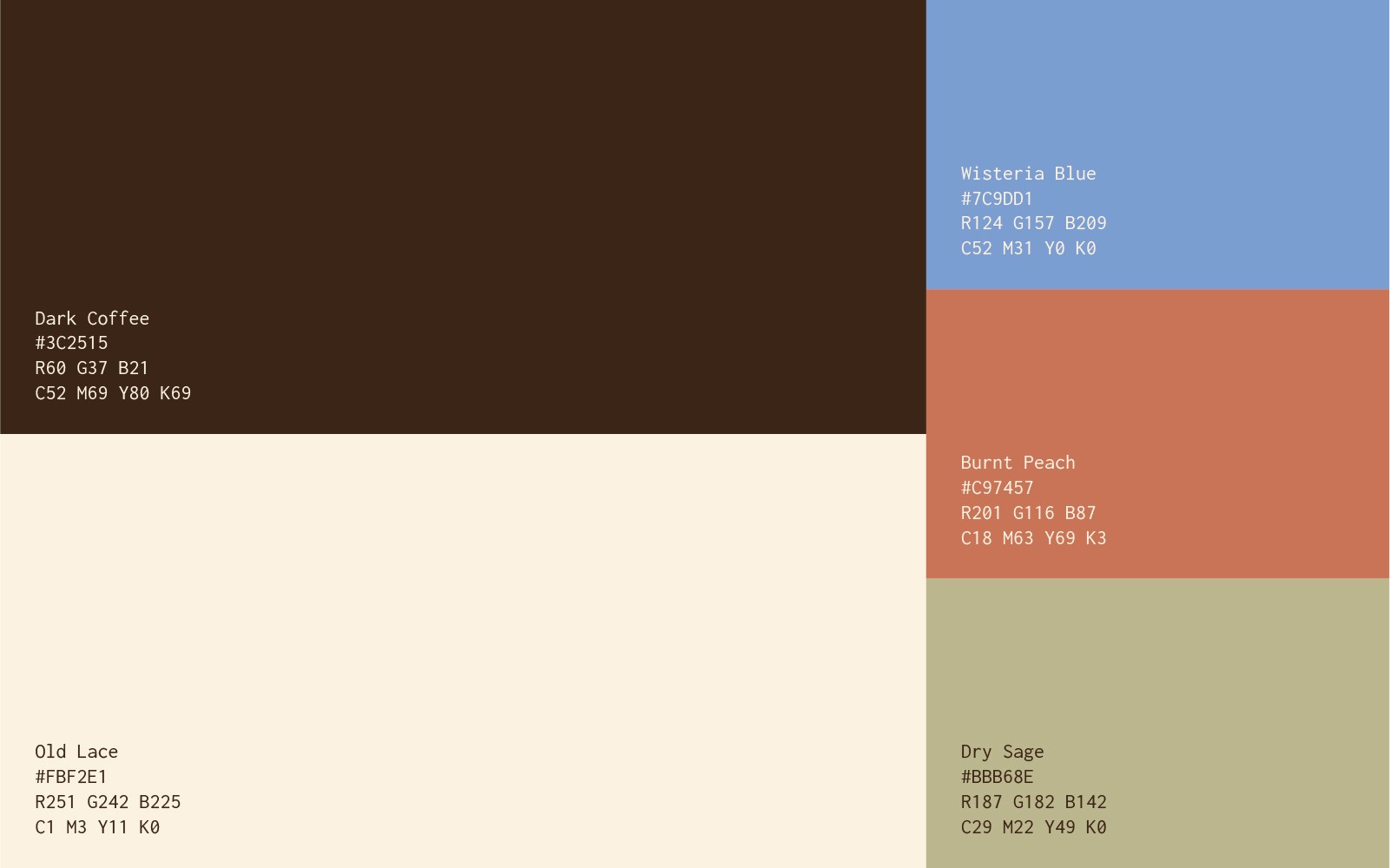 The brand's colour palette. The main colour on the left is the largest swatch. The colours on the right are the supporting colours. Each have a label with colour name, HEX code, and other colour information.