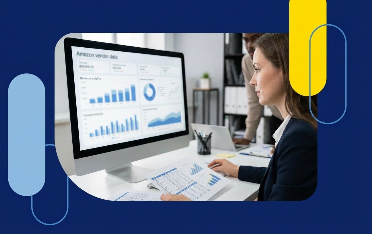 A professional woman closely analyzing financial charts on a computer monitor, representing expert strategies to stop Amazon 1P deductions leakage and unlock profit recovery.