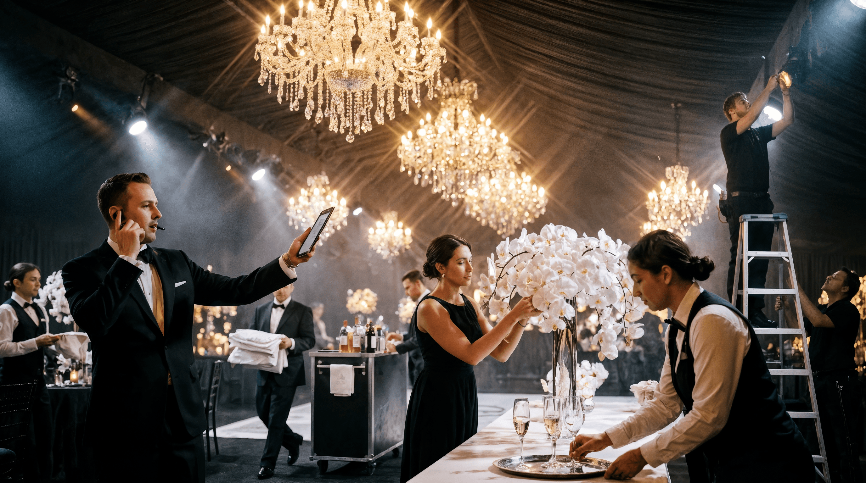 Team of three employees having a meeting at a table in a bright modern office.