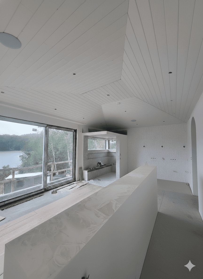 Pièce en construction avec un magnifique plafond cathédrale fini en lambris. Une immense porte-patio inonde l,espace de lumière naturelle. Au fond, on aperçoit une douche en construction, avec une porcelaine grise effet pierre, apportant une touche naturelle. À droite de l'image, un passage en forme d'arche ouvre l'espace. tous les murs et le plafond sont blanc.