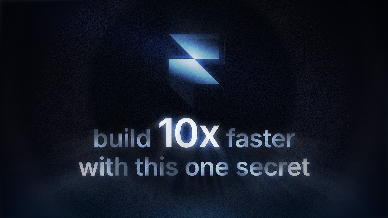 A promotional graphic with a large, glowing blue 'F' logo on a dark, textured background, accompanied by the text 'build 10X faster with this one secret' in white lowercase letters