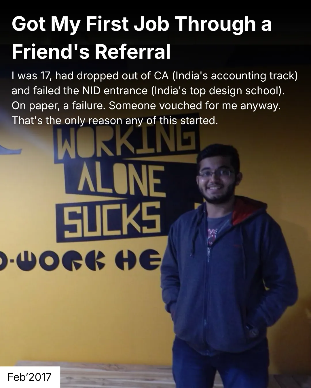 sagar ludhiyani at seventeen outside his first office in front of a yellow wall painted working alone sucks, february 2017, sagar ludhiyani, rango founder, rango design