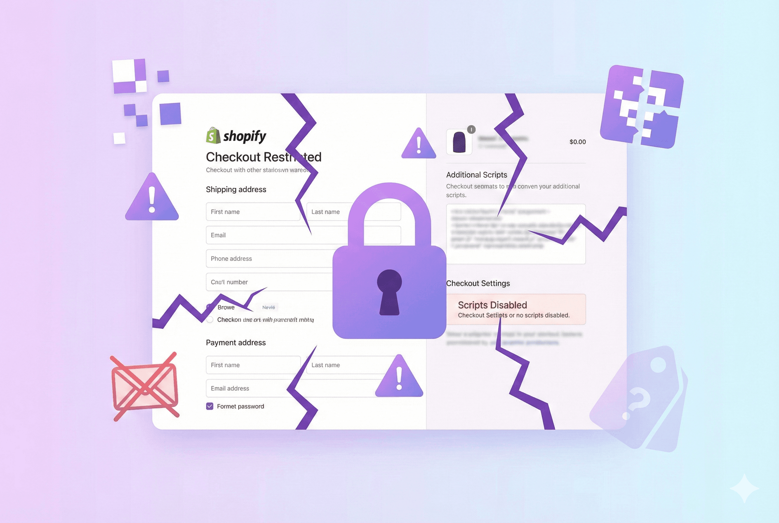 Illustration of a Shopify checkout page with a large purple lock icon in front, warning symbols and broken lines around it, suggesting checkout security issues or restrictions.