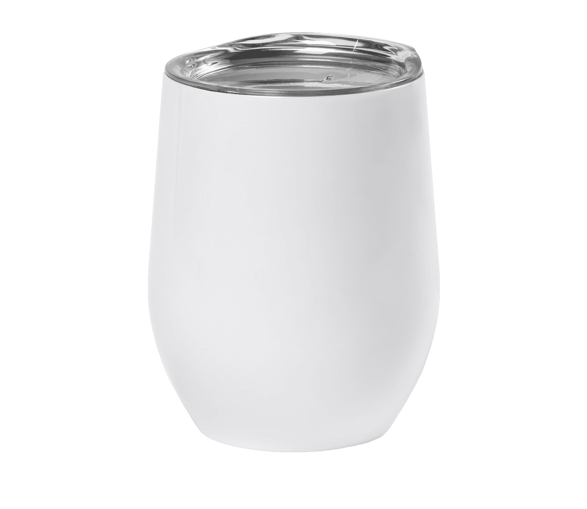 A sleek, white, stainless steel tumbler with a transparent, snug-fitting lid, designed for keeping beverages hot or cold, standing upright against a neutral background.