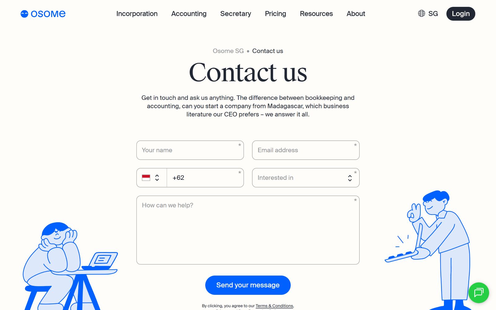 Contact us page with Osome logo, form fields, and blue illustrations of people working and chatting.