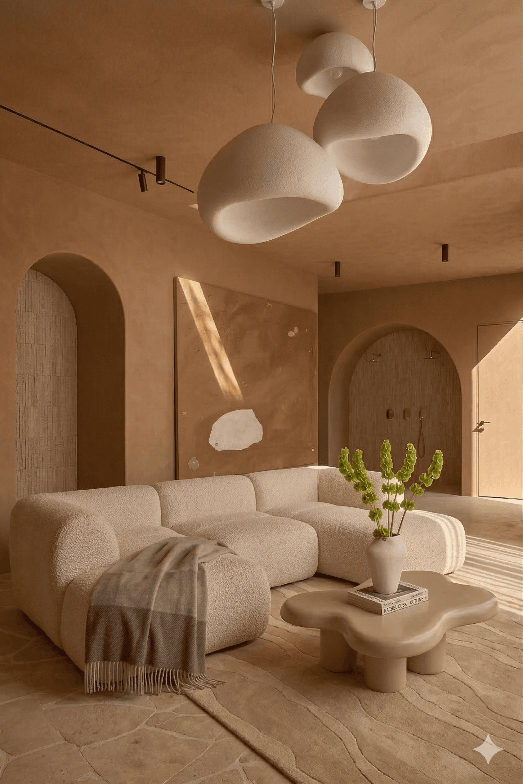 Modern terracotta architecture studio with curved ceilings, grid windows, round tables, stools, plants, and a contemporary chandelier.