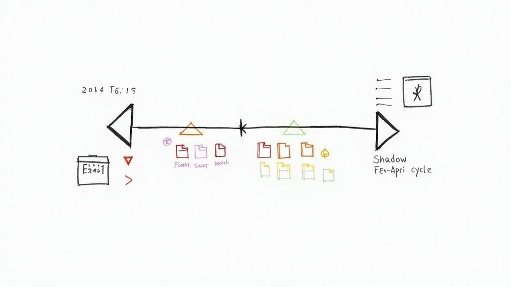 Handwritten timeline illustrating a project or financial cycle with documents and dates.