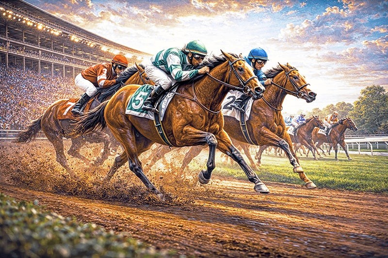 Powerful thoroughbreds racing neck and neck bringing the thrill of horse racing indoors.
