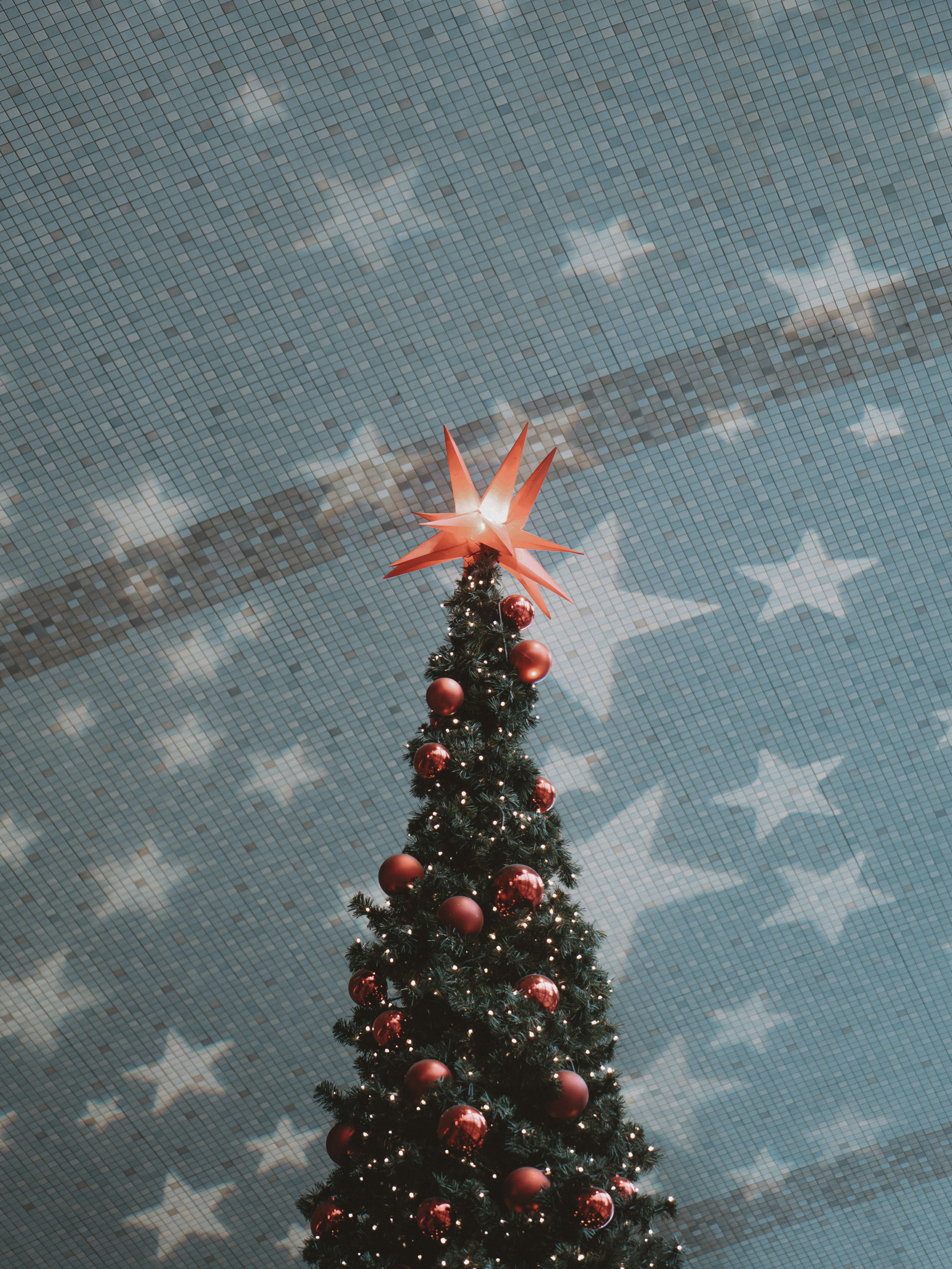 Decorated christmas tree with star topper against starry background
