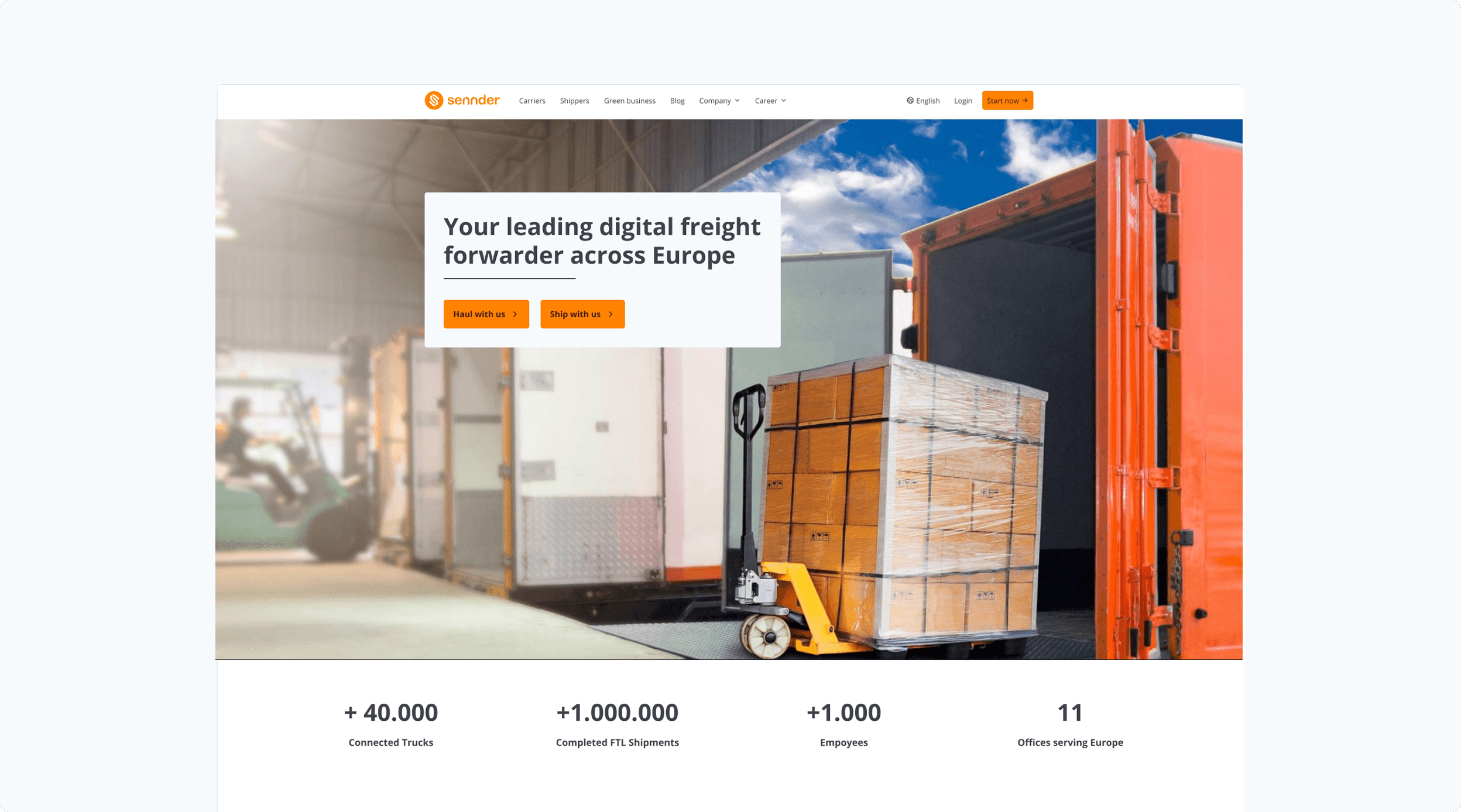 Startseite der sennder-Website mit Foto eines beladenen LKWs, Buttonoptionen für „Read more“ und „Ship with us“, sowie Kennzahlen wie +40.000 LKS oder +1 Mio. Sendungen.