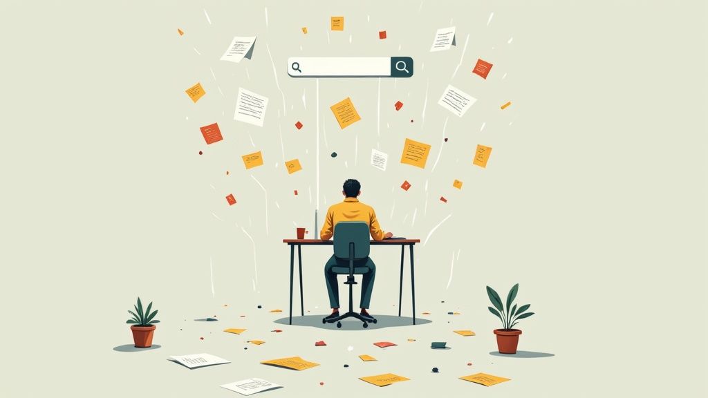 A person looking stressed at a desk cluttered with sticky notes and papers.