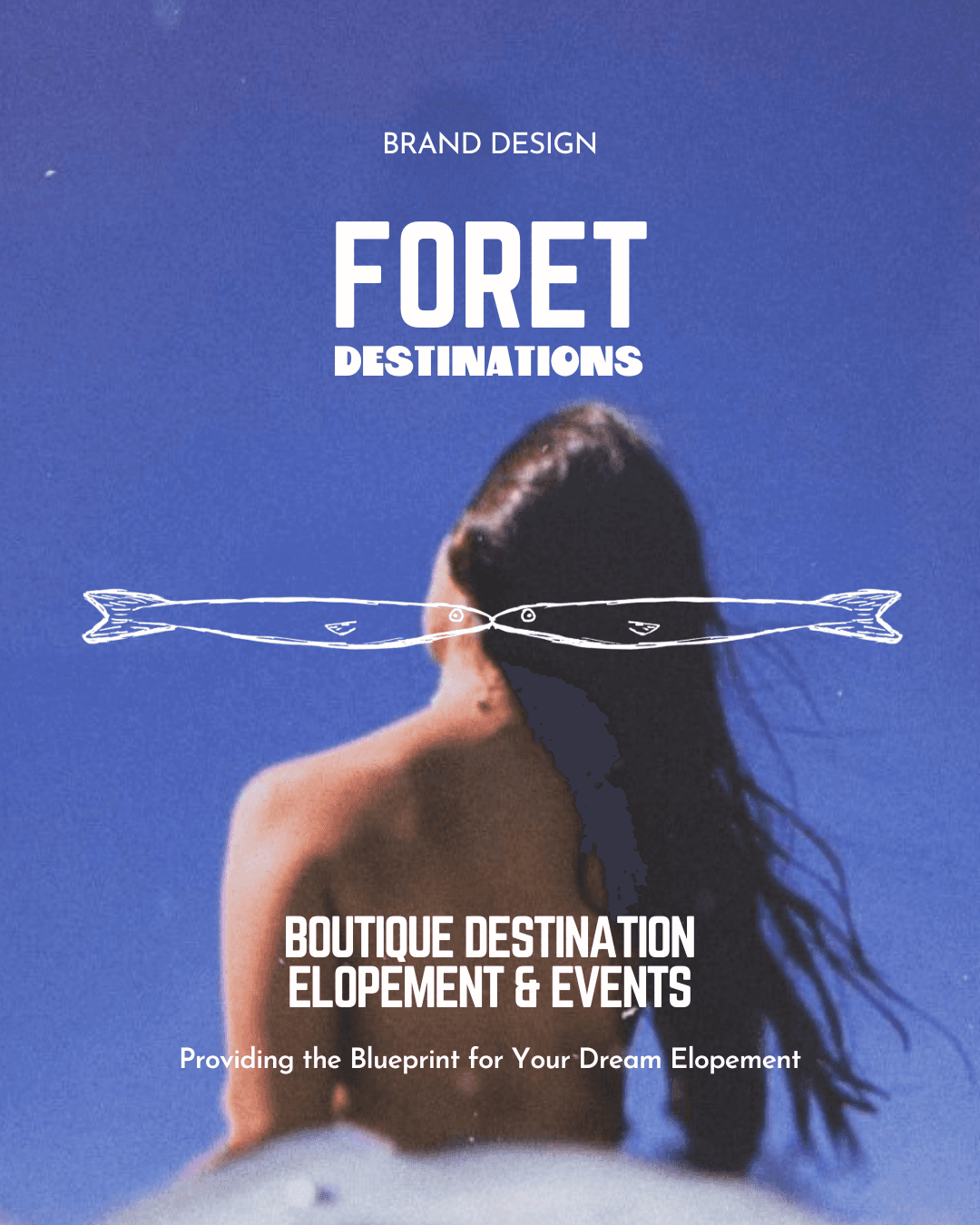 foret destinations promo image with the company logo and kissing fish icon set against an image of a woman with long dark hair against a deep blue sky