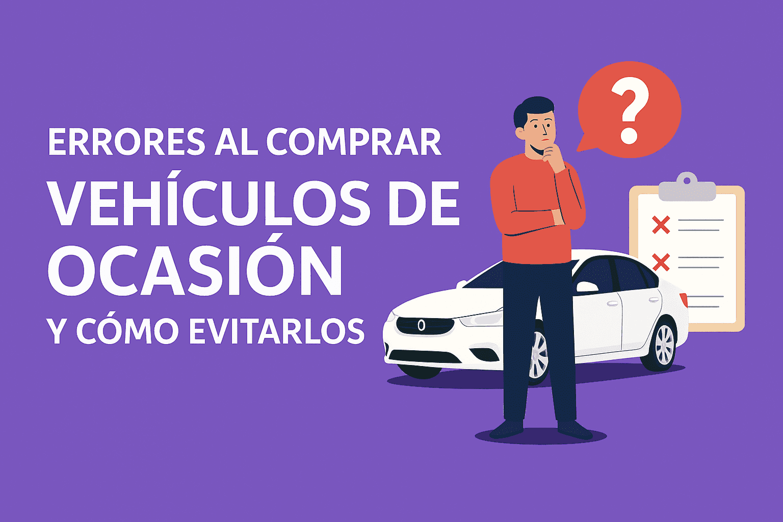 Acquistare auto usate: evita gli errori. Uomo pensieroso accanto a un'auto e a una checklist.