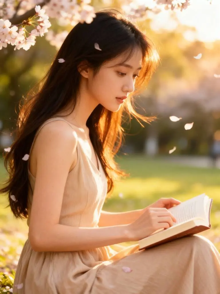 Asian girl reading under cherry blossoms, soft breeze, Luma AI Dream Machine style.